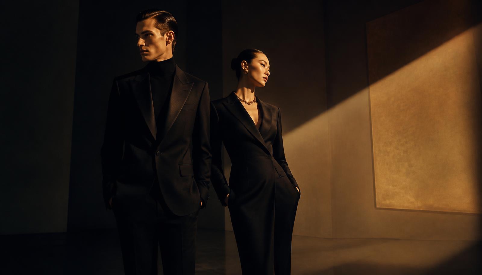 Two models wearing bespoke black tailoring in a dark gallery space