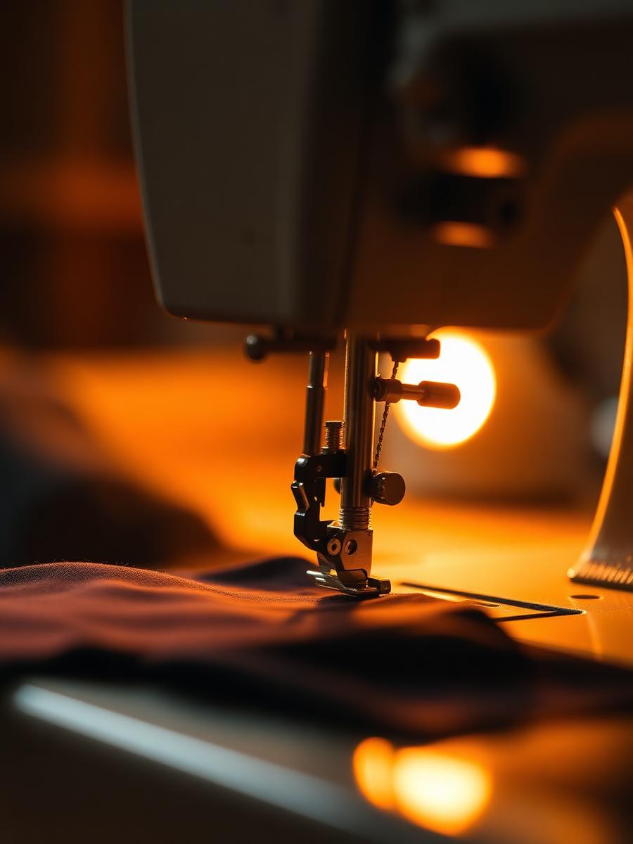 Sewing machine stitching fine fabric in the workshop