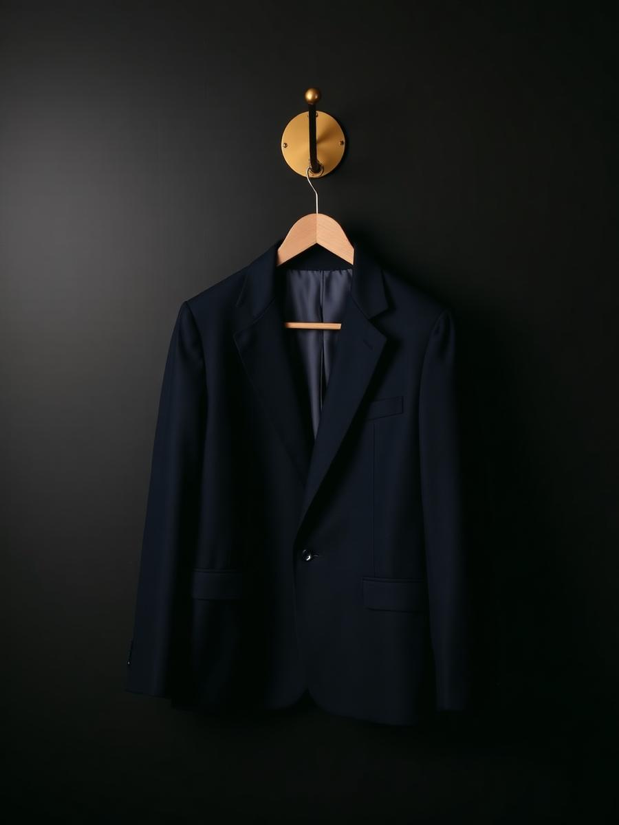 Tailored blazer hanging against a dark wall
