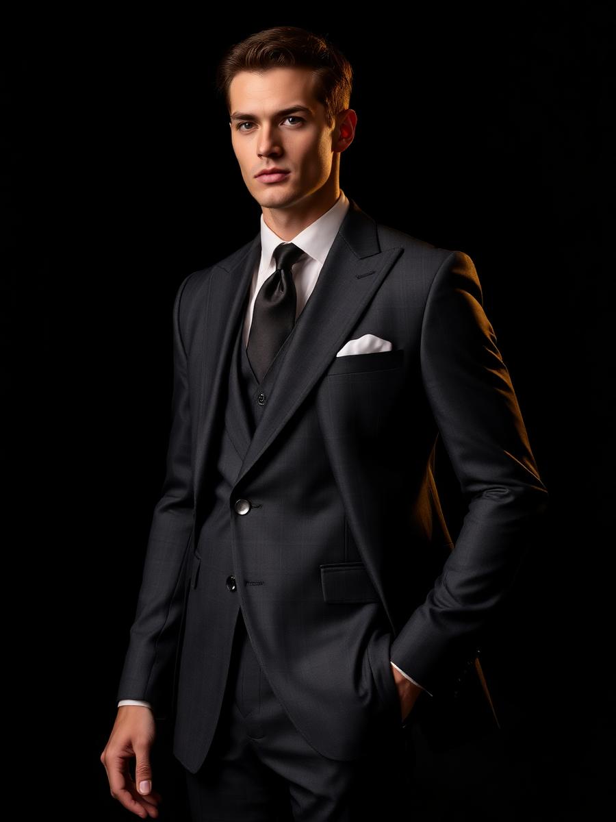 Man wearing a tailored charcoal three-piece suit