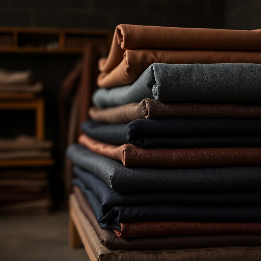 Fabric selection stacked in the studio